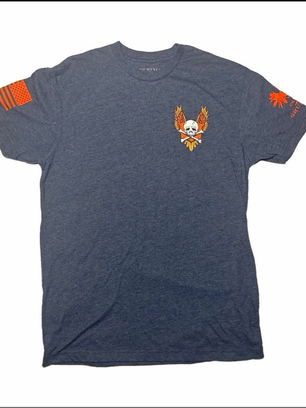 Grunt Style Heather Navy Short Sleeve Tee with Orange Skull Wings Graphic Size M